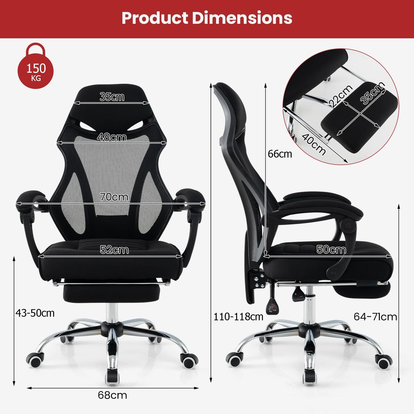 Mesh Office Chair, Ergonomic High Back Swivel Computer Desk Chair with Retractable Footrest