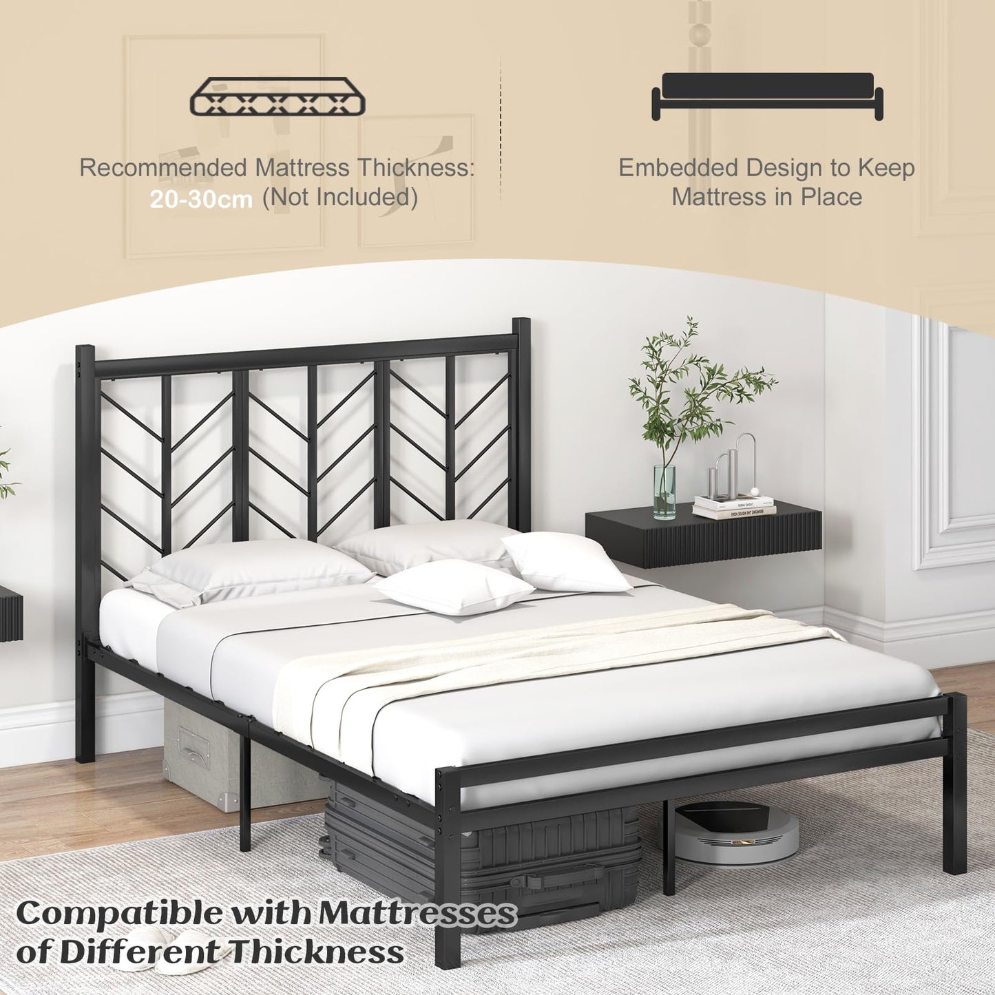 4FT6/5FT Platform Bed Frame, Double/King Size Metal Slat Support Mattress Foundation