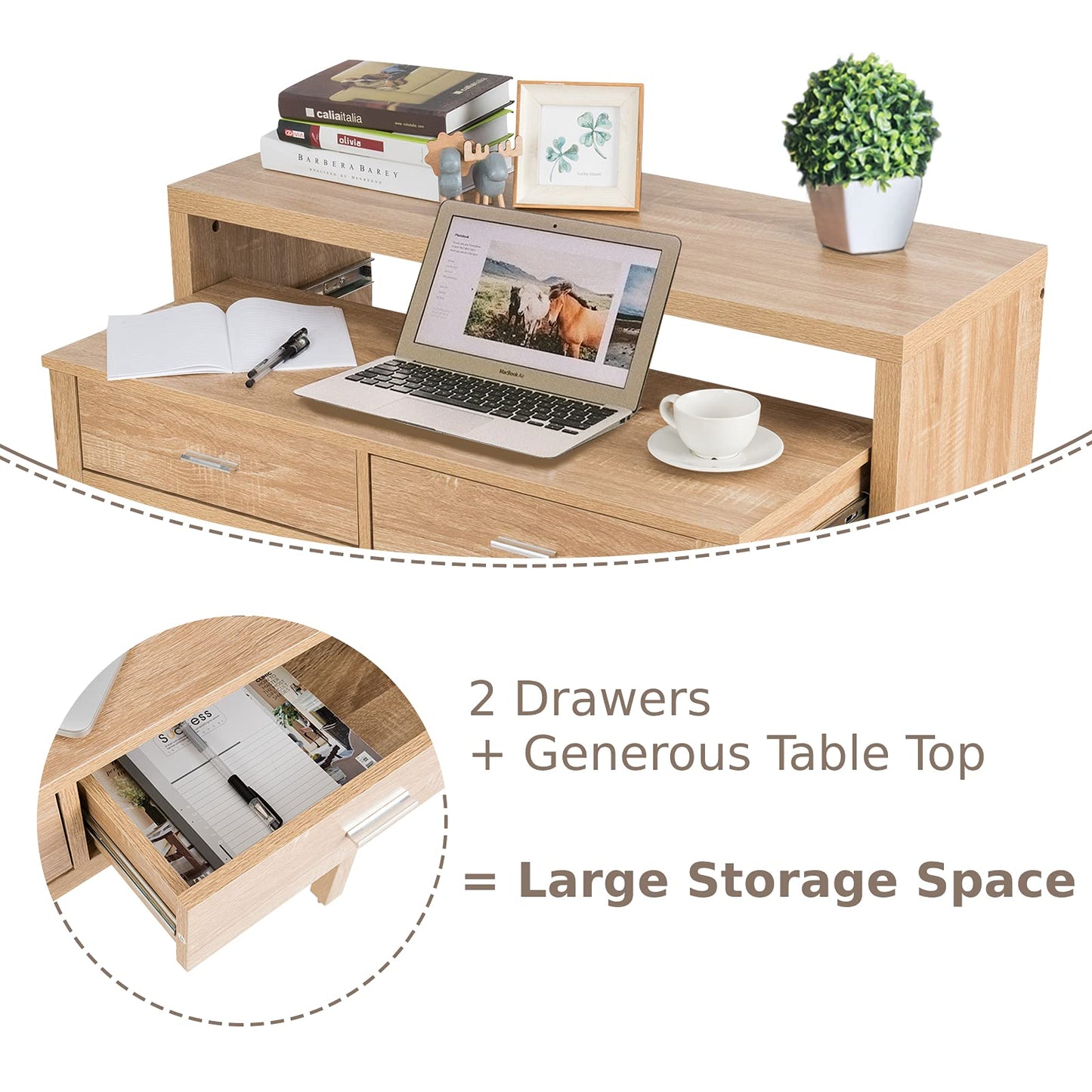 Extending Computer Desk, Wooden Study Writing Desk PC Laptop Table with 2 Storage Drawers