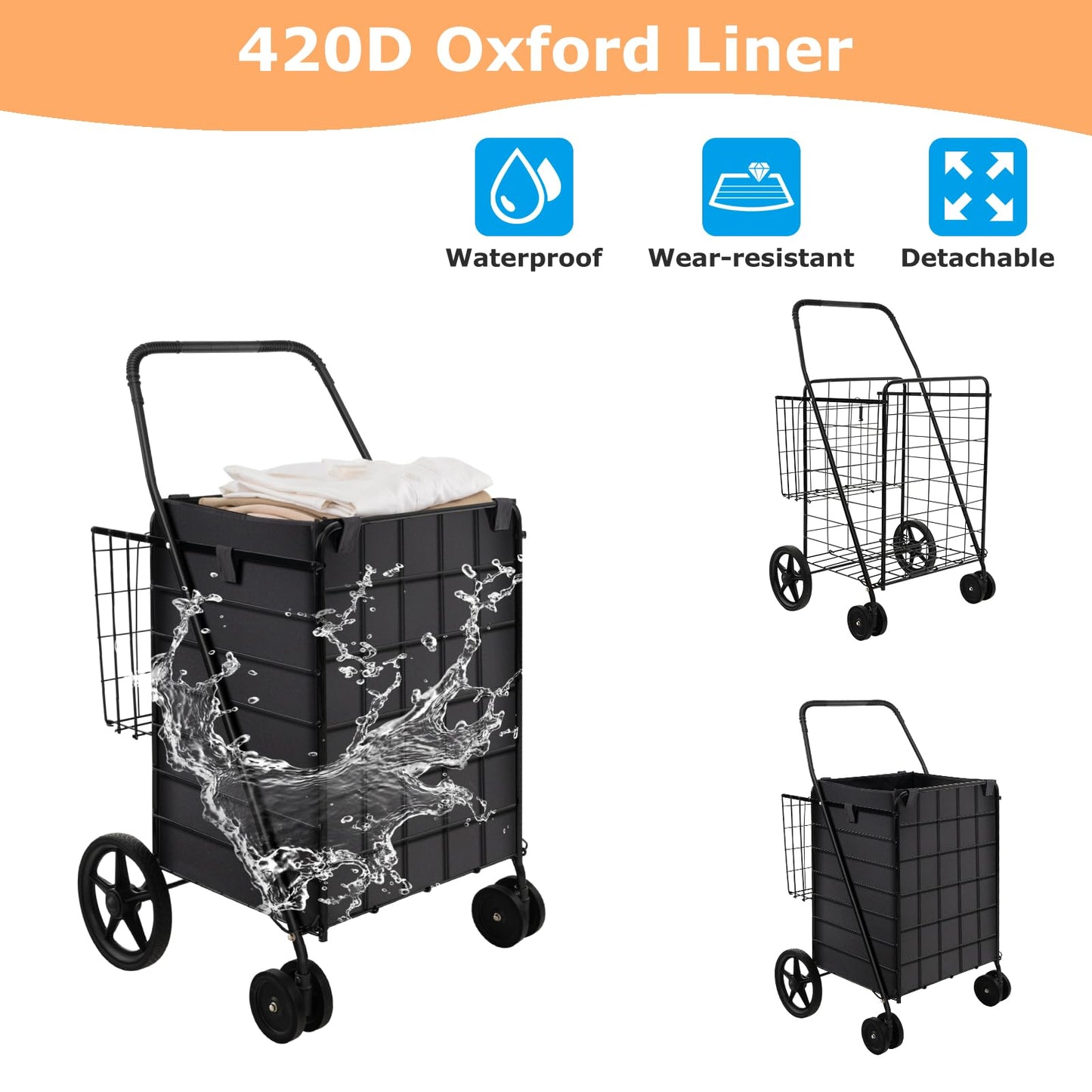 GiantexUK Foldable Shopping Cart on Wheels, Metal Grocery Trolley with Extra Basket & Anti-slip Handle