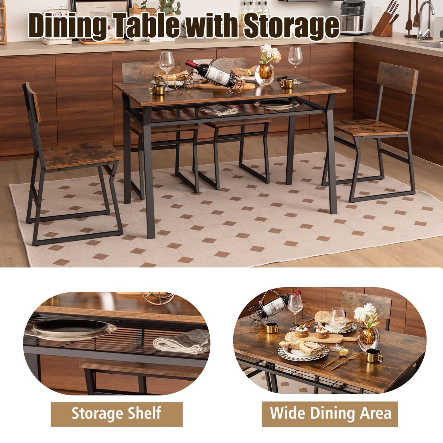 GiantexUK 5 PCS Dining Table Set, Industrial Table and Chairs Set with Storage Shelf and Reclining Seat Back