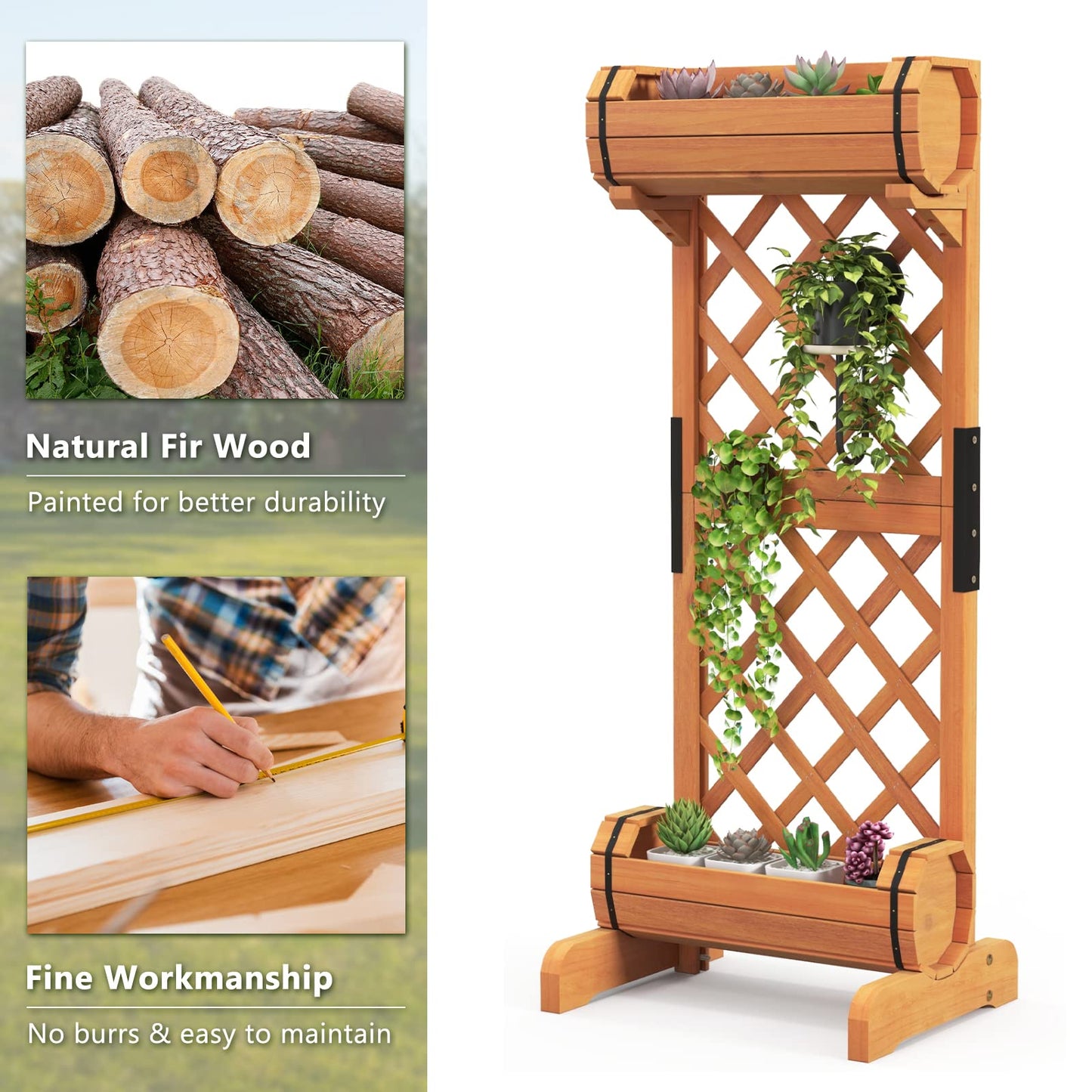 GiantexUK Double Barrel Garden Planter with Trellis, Fir Wood Raised Garden Bed Stand