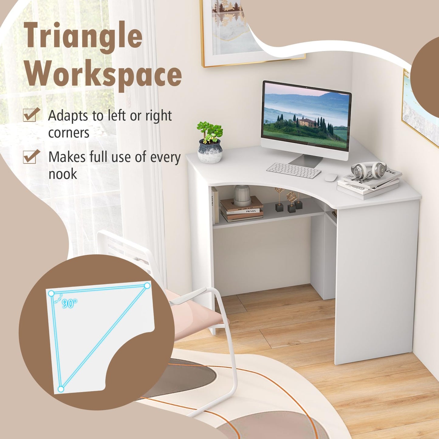 GiantexUK Corner Computer Desk, Triangle Study Desk Writing Workstation with Storage Shelves