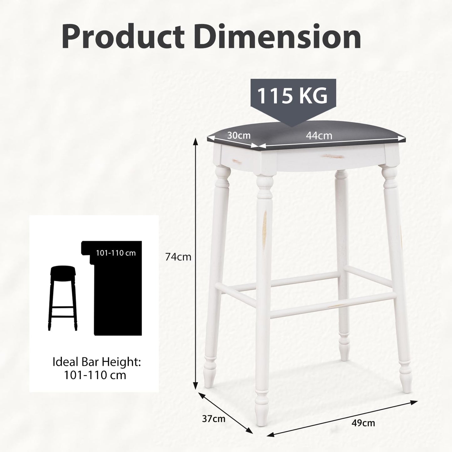 GiantexUK Bar Stools Set of 2, Upholstered Breakfast Barstools with PVC Cushion Surfac (49 x 37 x 74cm)