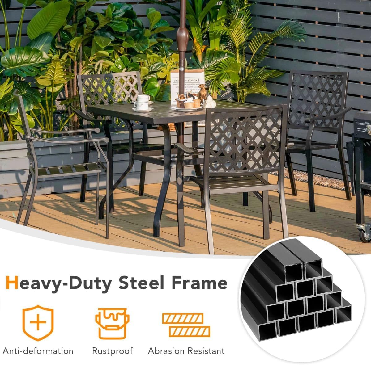 GiantexUK 5PCS Patio Dining Set, Outdoor Stackable Chair Table Set with Umbrella Hole