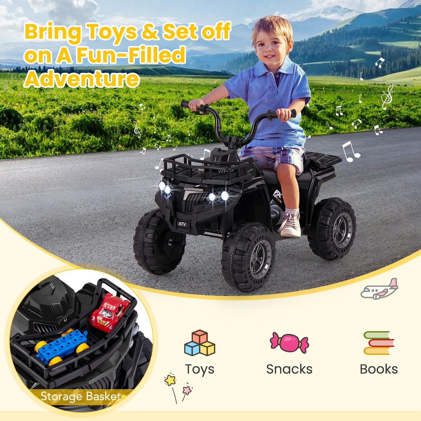 6V Kids Electric Ride on ATV Car, Battery Powered Quad Bike with One-Button Start, LED Lights, MP3, Storage Basket