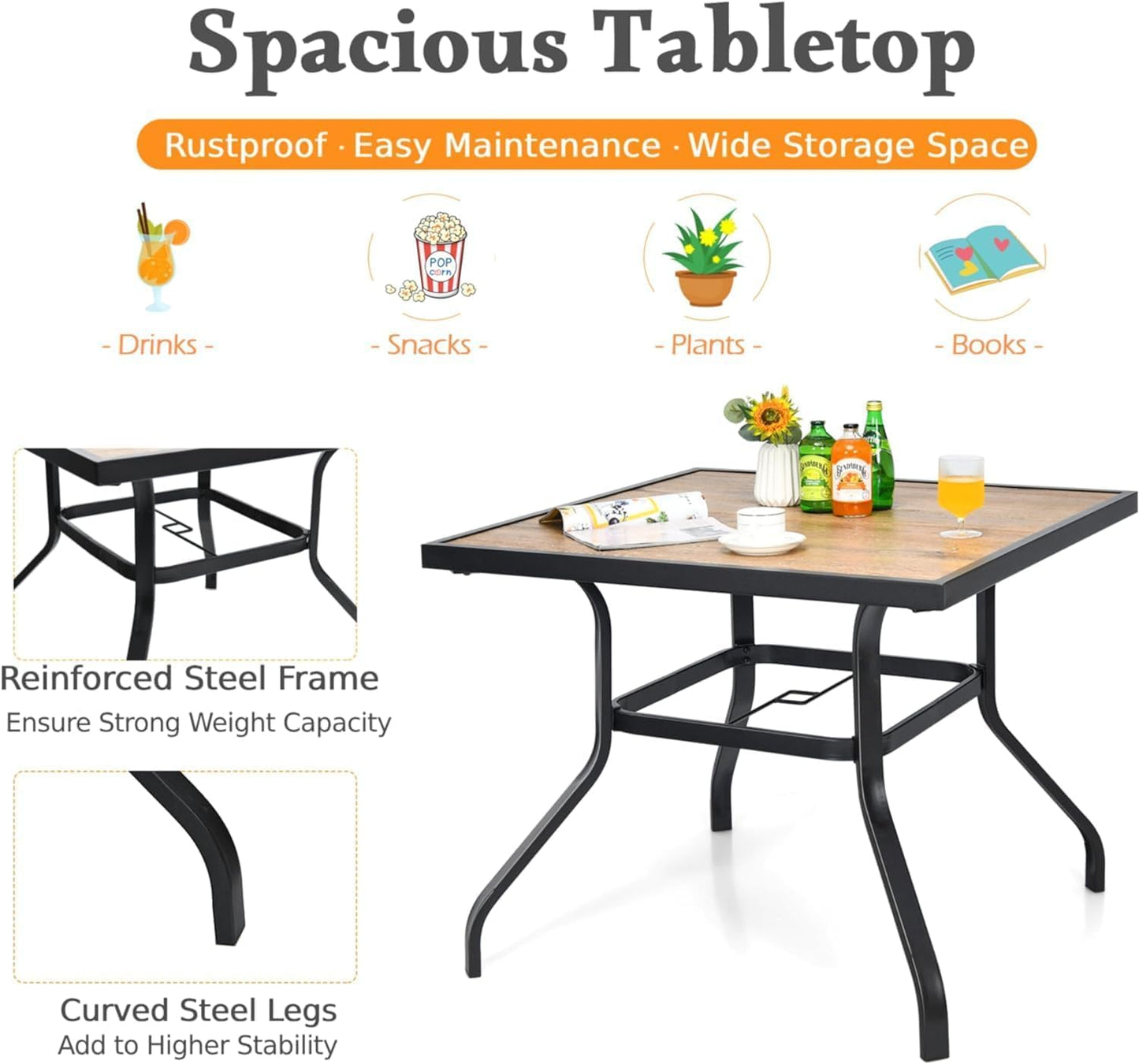 GiantexUK Patio Dining Set, Metal Garden Table and Chairs Set with with 90cm Square Table, 4 Swivel Chairs & Removable Cushions