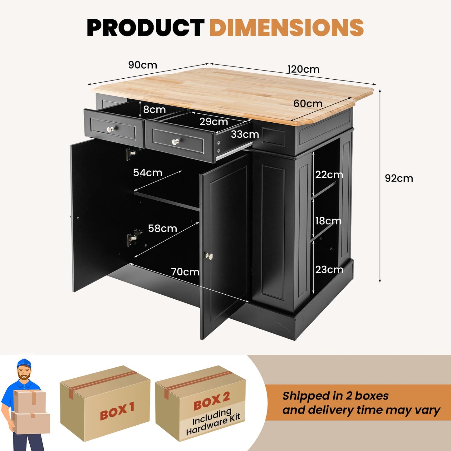 GiantexUK Kitchen Island, Extendable Kitchen Cabinet Sideboard with Rubber Wood Countertop, 2-Door Cabinet, Drawers