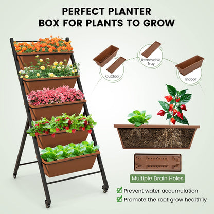 GiantexUK Raised Garden Bed, 5 Tier Vertical Ladder Planter with 5 Removable Trays, Wheels & Drain Holes (with Wheels, Brown, 57 x 74 x 127cm)