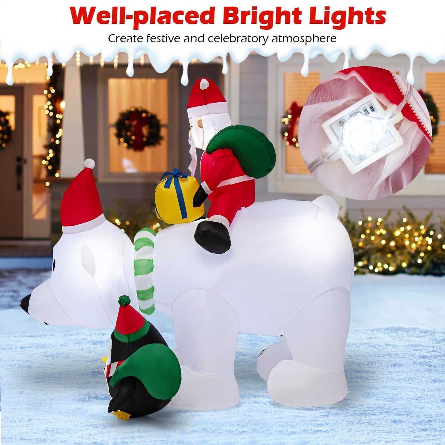 Inflatable Christmas Santa Claus, Self Inflating Xmas Decoration with LED Lights and Blower (White Polar Bear & Penguin)