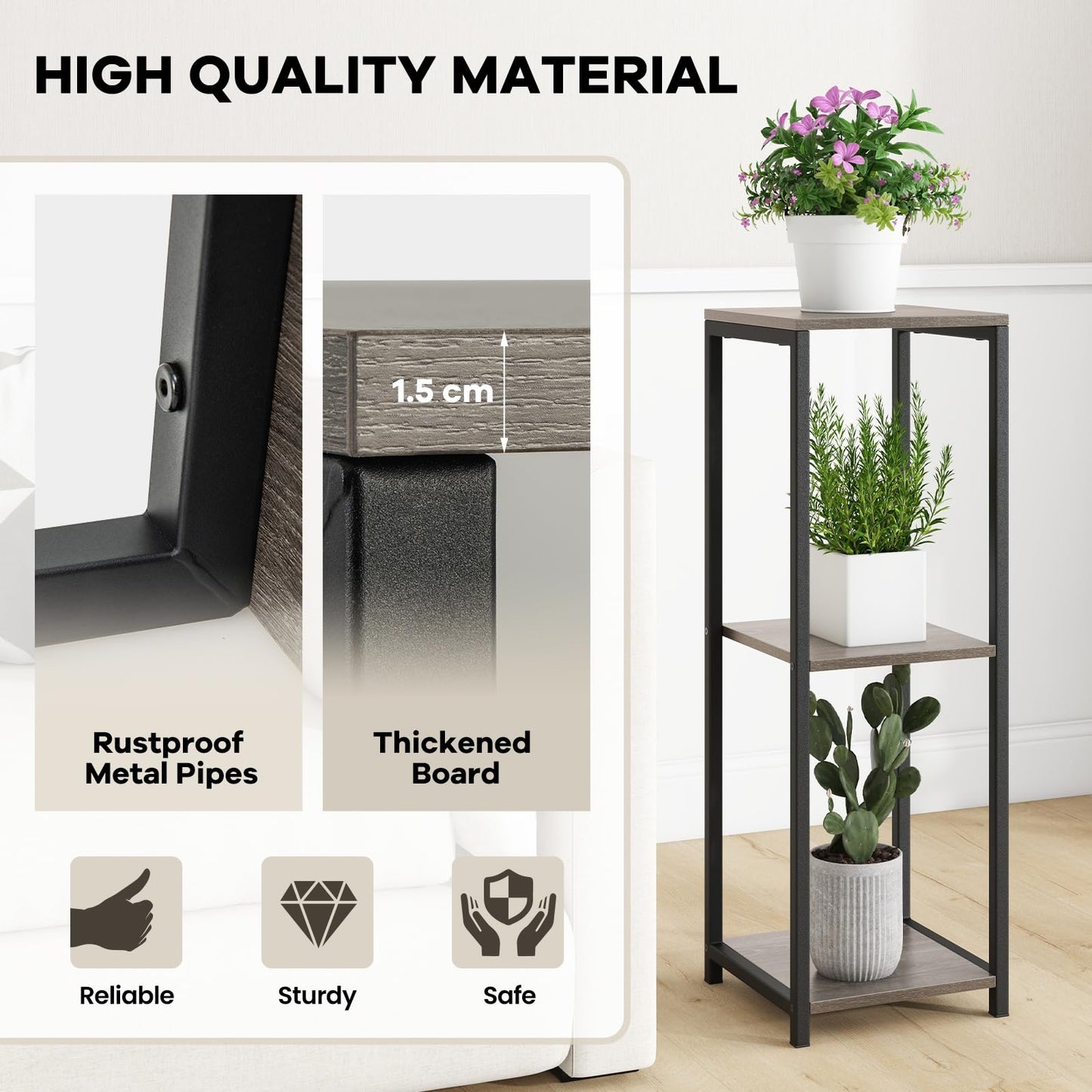 3 Tier Tall Metal Plant Stand, Corner Plant Holder with Anti-tipping Devices (without Drawer)