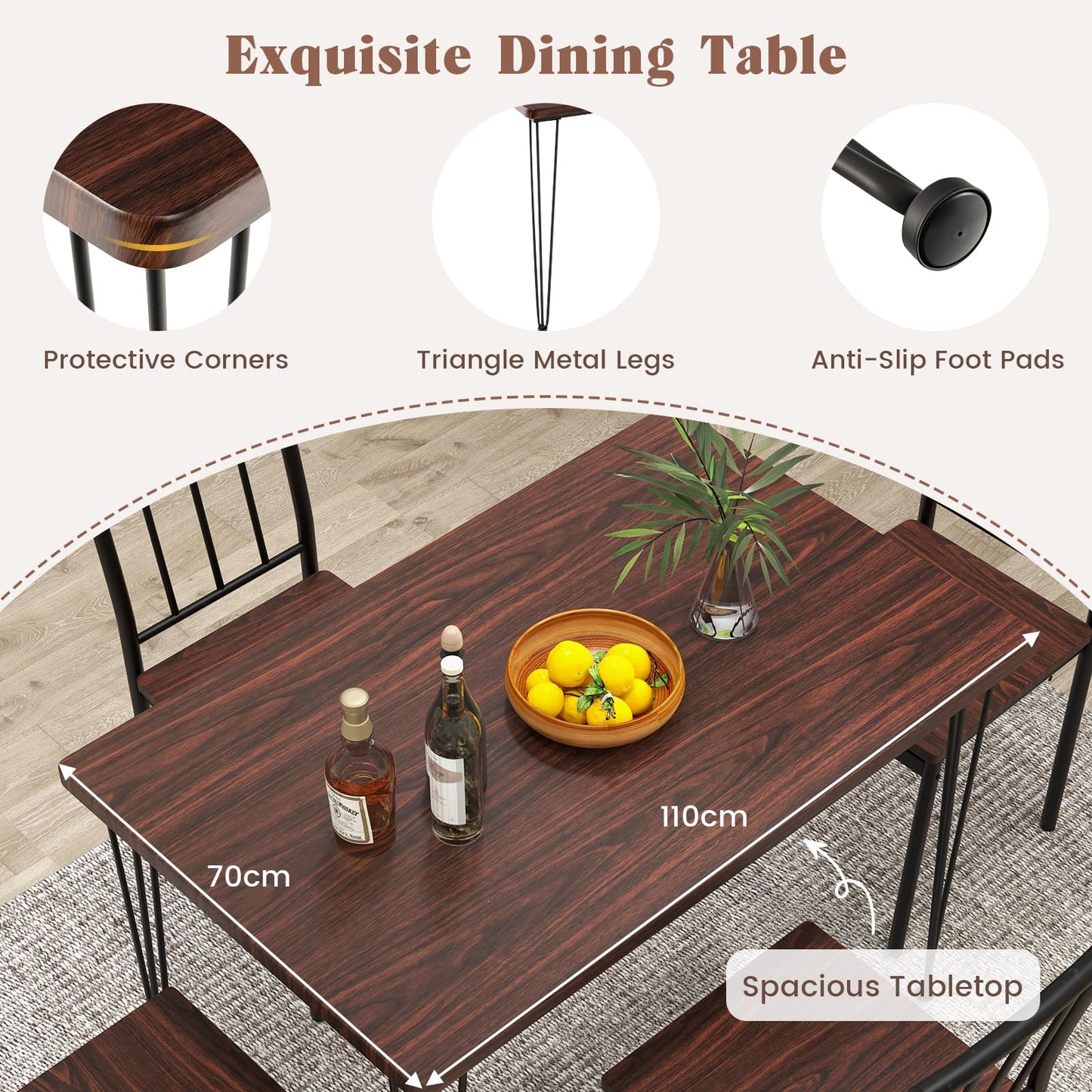 Dining Table and Chairs Set 4, 5 Piece Rectangular Kitchen Table and 4 Chairs with Curved Back & Foot Pads