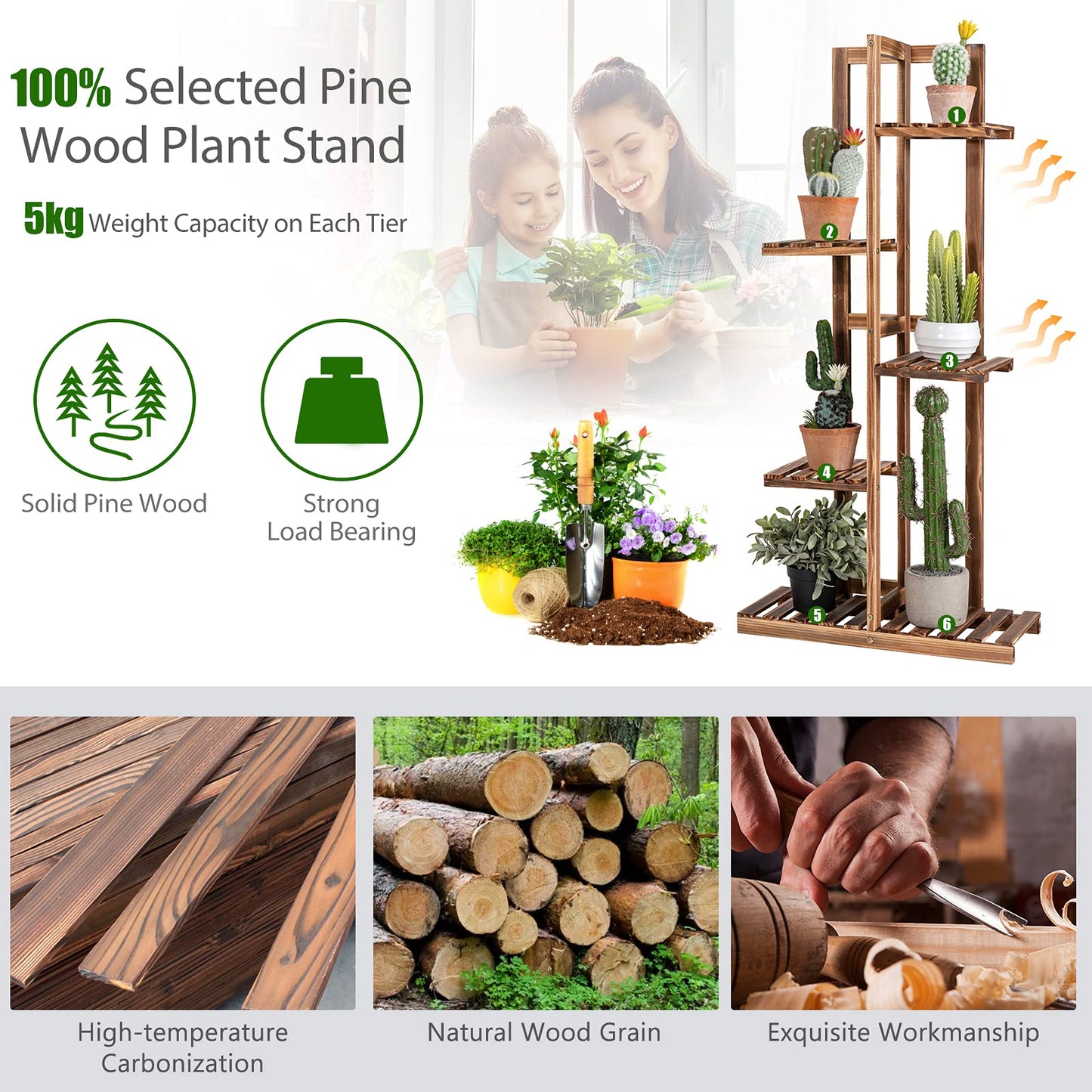 5-Tier Plant Stand, 6 Potted Flower Rack High Low Display Shelf (5 Tiers, without Fence)