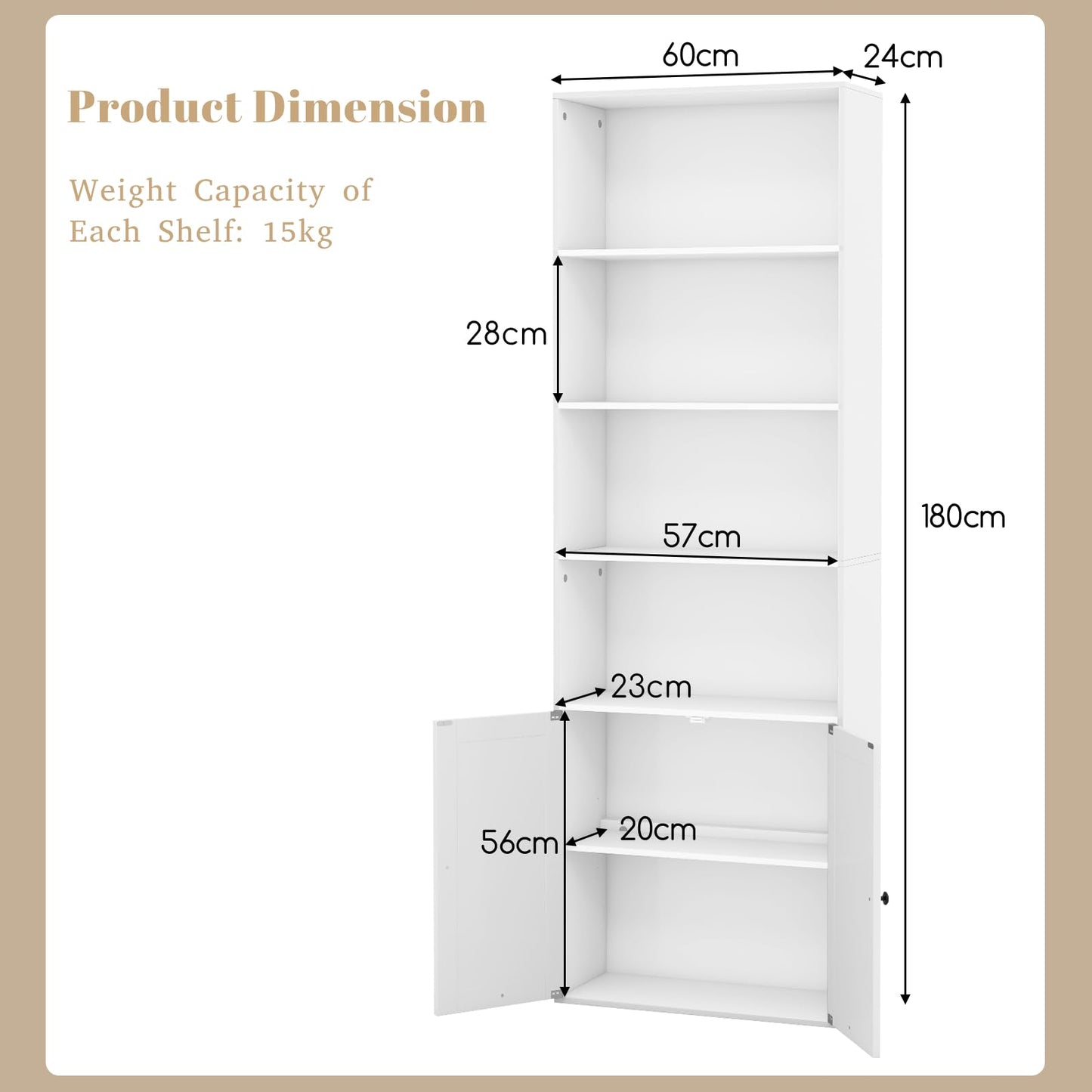 6 Tier Extra Large Bookcase, Freestanding Tall Bookshelf Storage Organizer with 6 Shelves & 2-Door Cabinet, 60 x 24 x 180cm