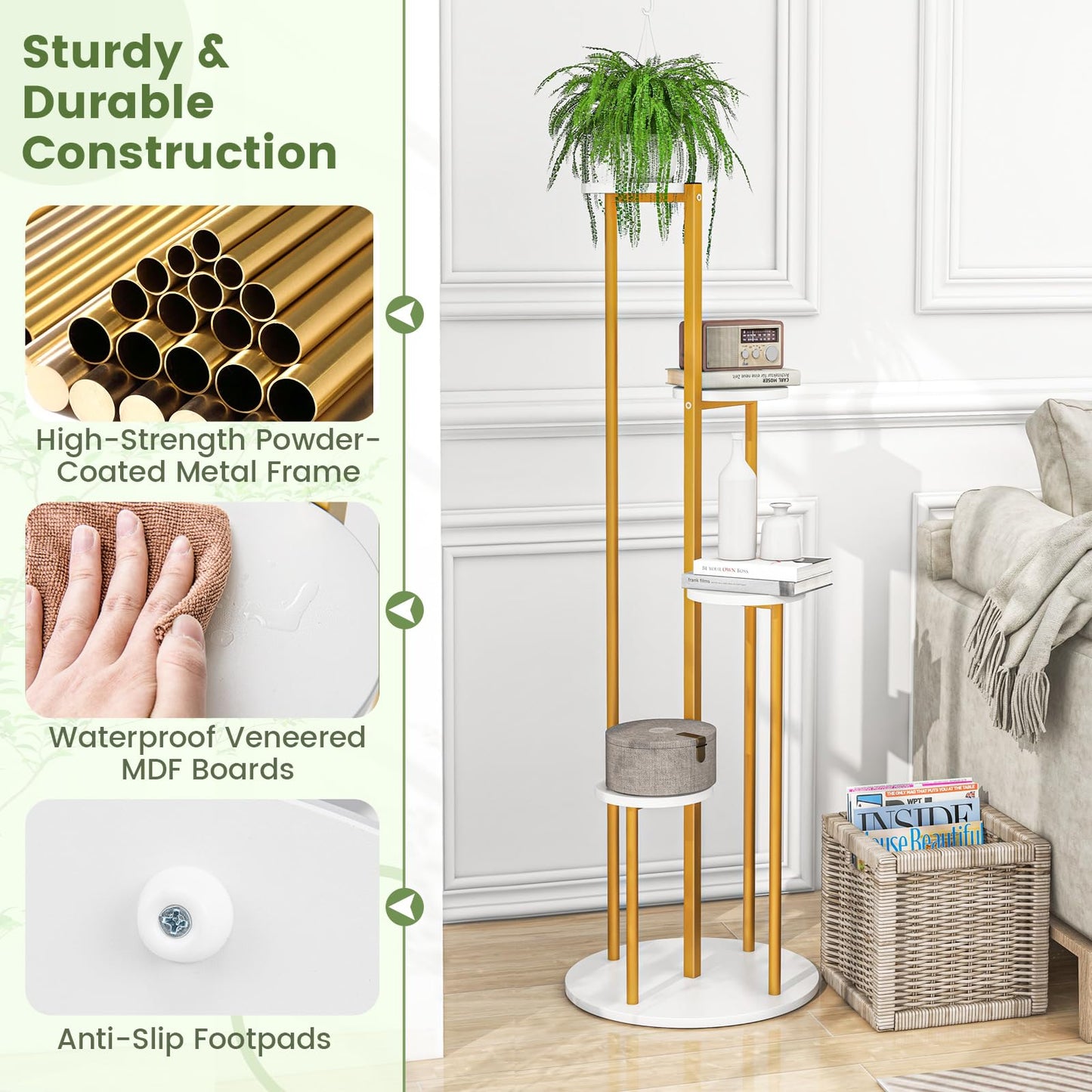 Tall Plant Stand, 5 Tiers Flower Rack with Foot Pads, Metal Display Pot Shelf Holder for Balcony Living Room Yard