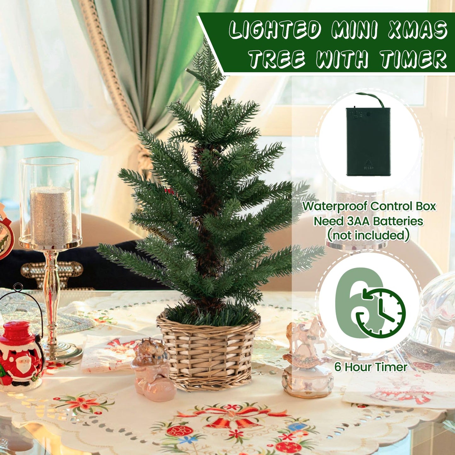 1.5 Mini Pre-lit Christmas Tree, Tabletop Small Artificial Xmas Tree with LED Lights and Stable Base