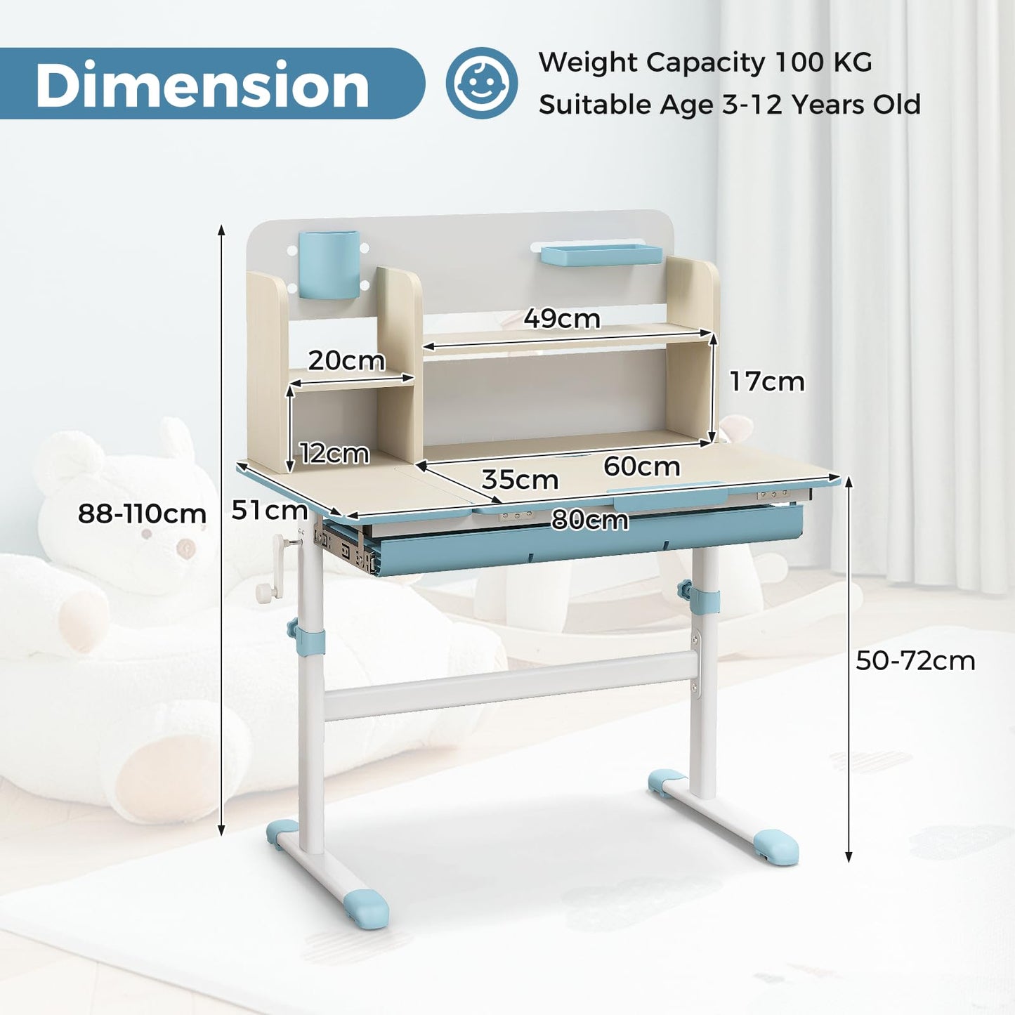 Kids Study Desk, Height Adjustable Children School Desk with Storage, Tilt Desktop, Pen Holder & Scale Ruler