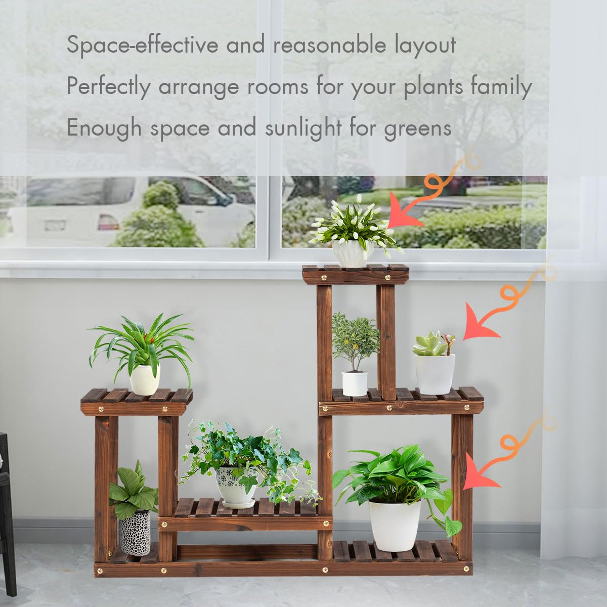 6 Tiers Plant Stand, Solid Wood Flower Pot Holder Bonsai Display Storage Shelves (95 x 25 x 73cm, 6-Tier)