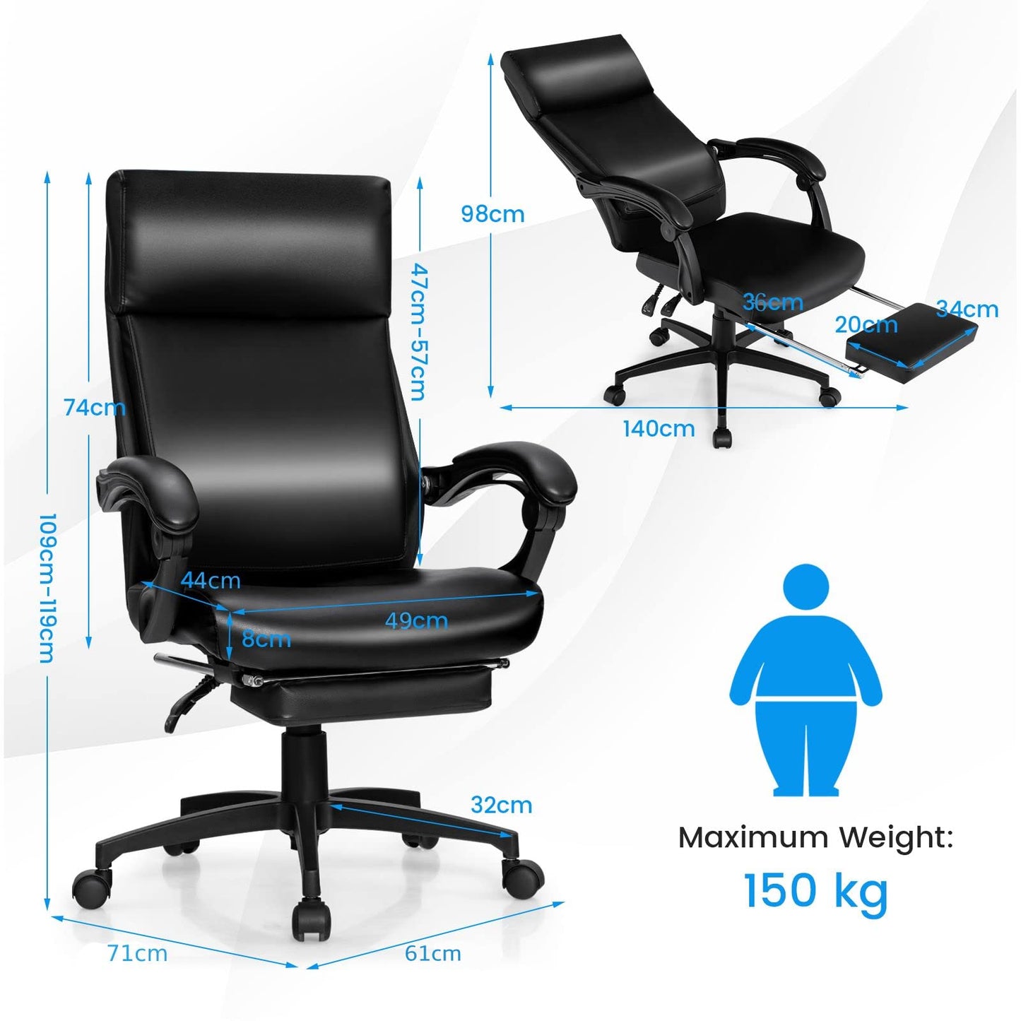 Ergonomic High-Back Office Chair, Rolling Executive Desk Chair with Retractable Footrest & Built-In Lumbar Support