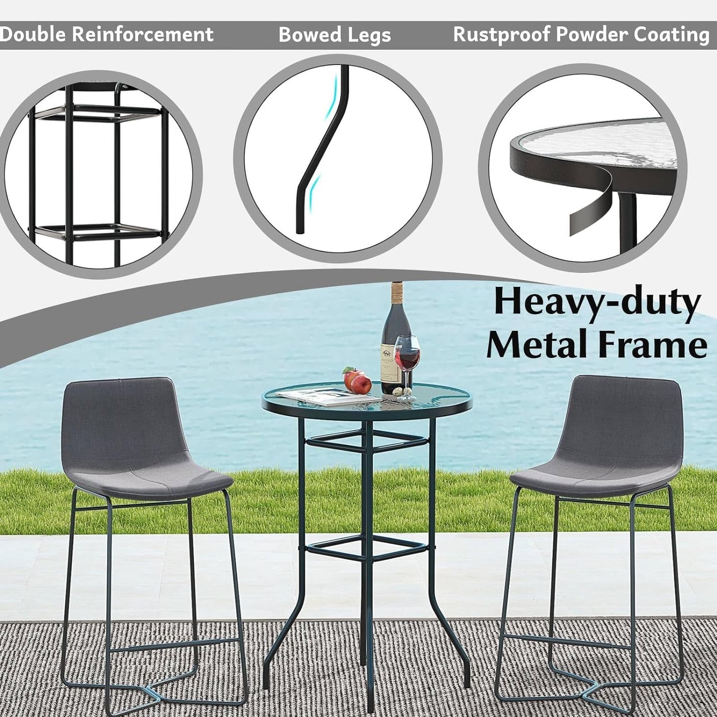 GiantexUK Patio Bar Table with Tempered Glass Tabletop and Heavy-duty Metal Frame