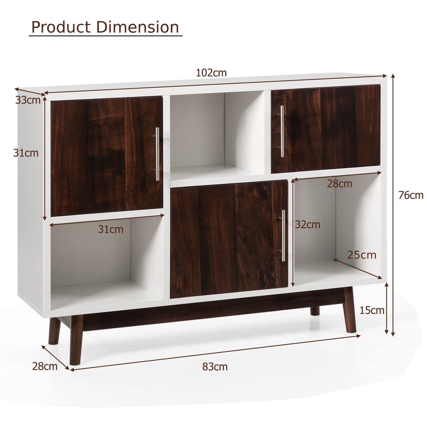 GiantexUK Storage Cabinet, Modern Buffet Cupboard with 3 Doors & 3 Open Compartments