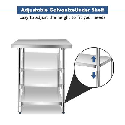 GiantexUK Stainless Steel Catering Table, 48x30Inch/48x24Inch/36x24Inch Commercial Work Table with Adjustable Shelf & Non-slip Footpads