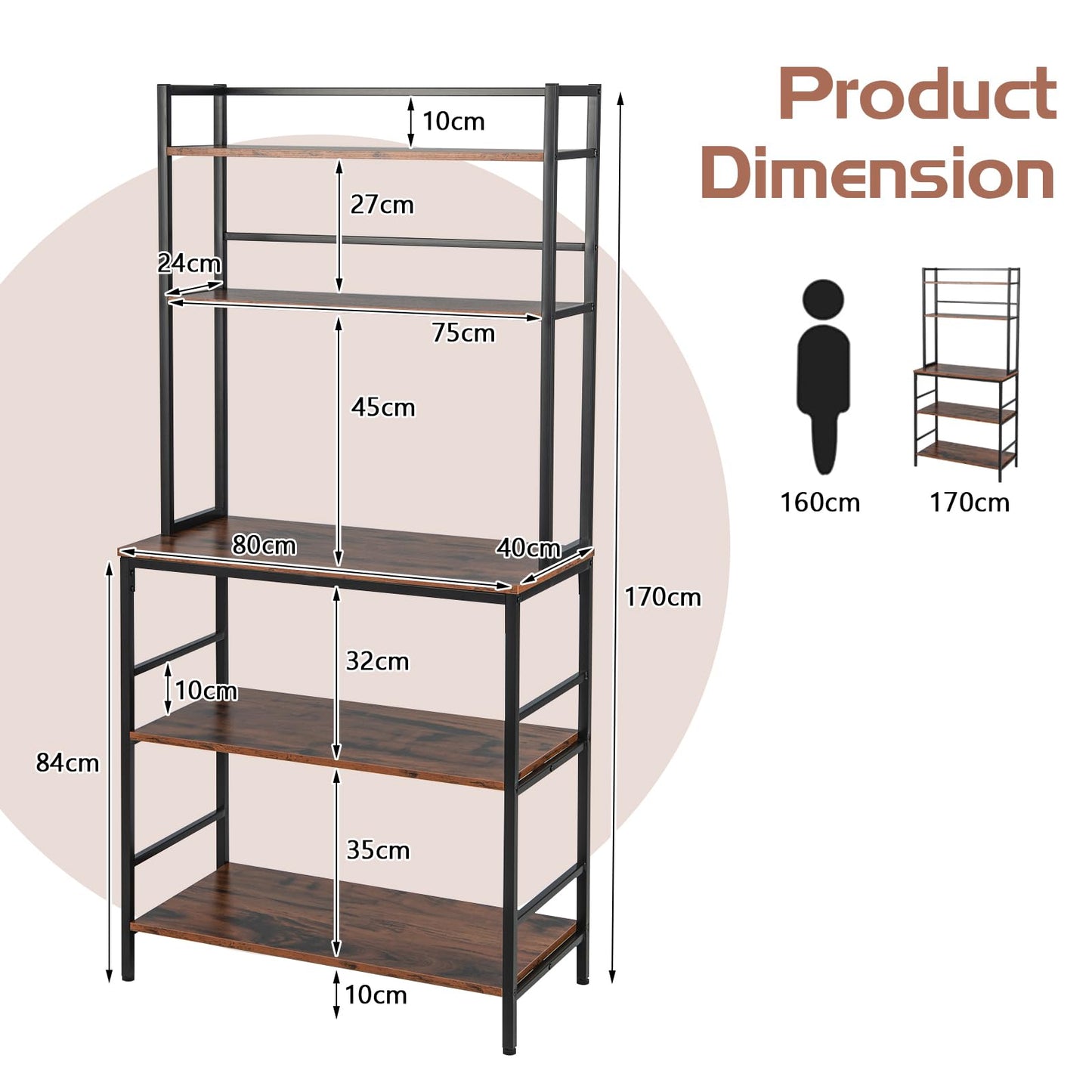 GiantexUK Kitchen Baker’s Rack, 5-Tier Freestanding Microwave Oven Stand with Anti-Toppling Device & Adjustable Non-Slip Feet