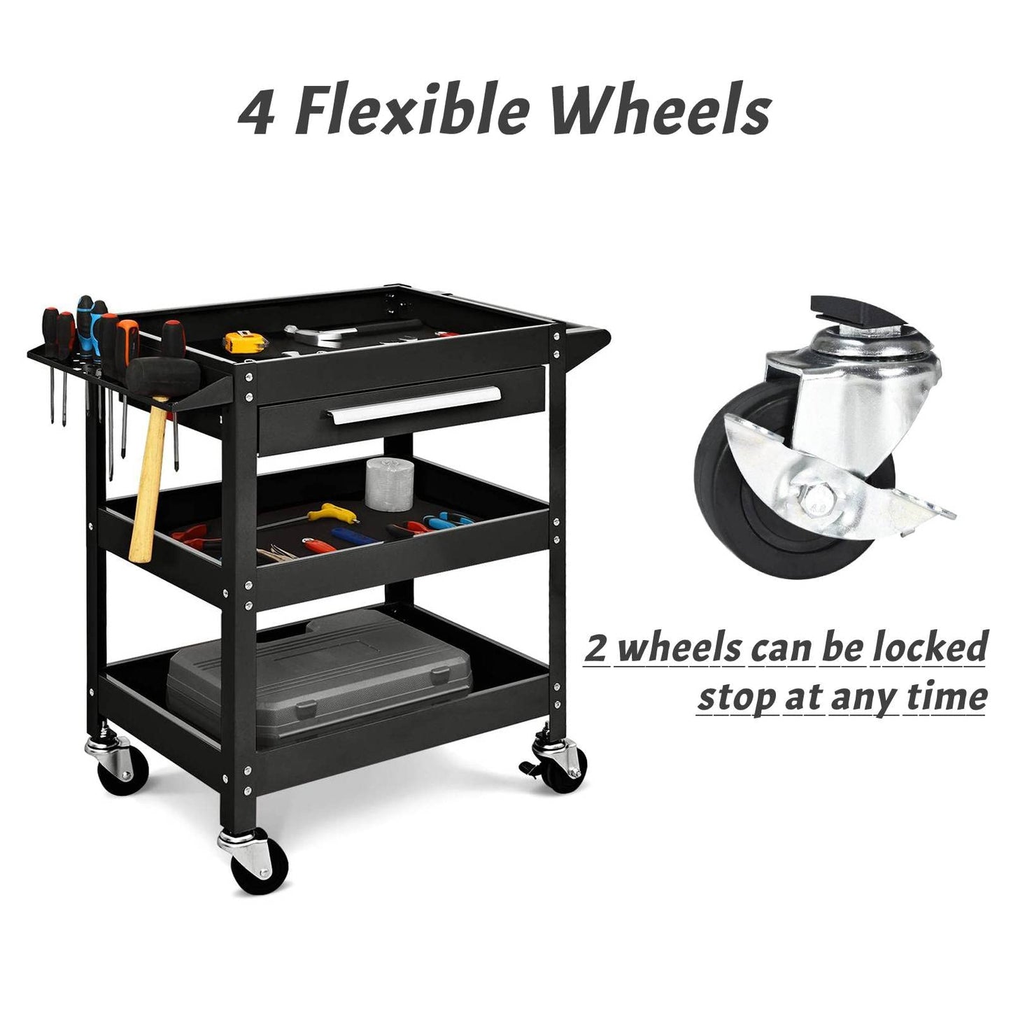 GiantexUK 3-Tier Rolling Tool Cart, Heavy-duty Steel Service Cart on Wheels with Drawer