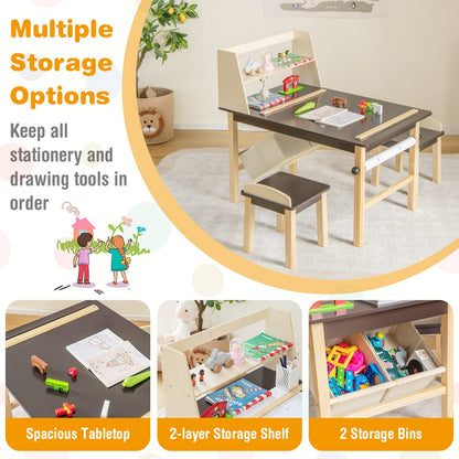 Kids Art Table and Chairs Set, Wooden Toddler Craft Desk with 2-Tier Open Shelf and 2 Storage Bins