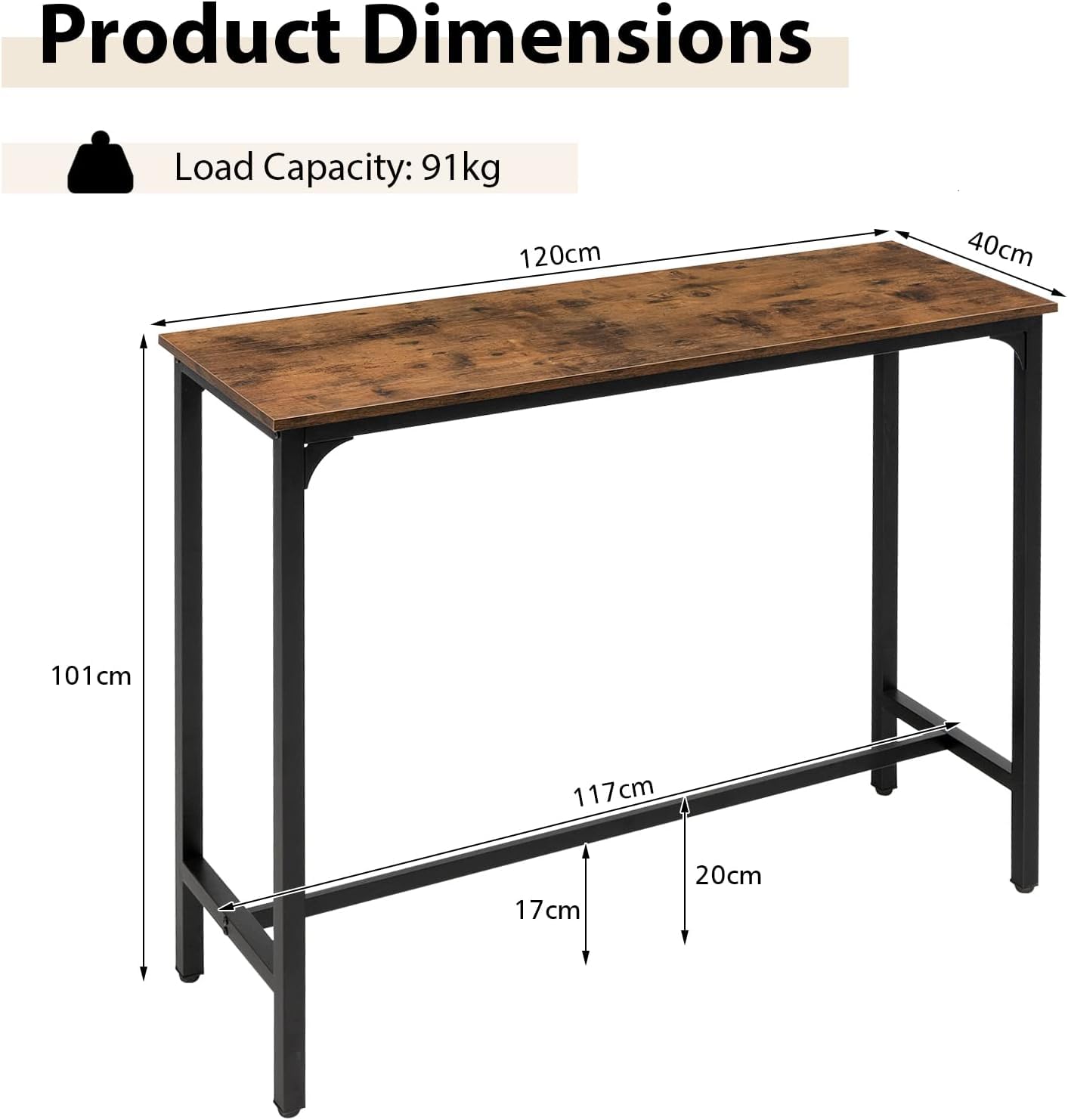 GiantexUK 120cm Bar Table, Metal Frame Rectangular Dining Table with Footrest & Adjustable Foot Pads