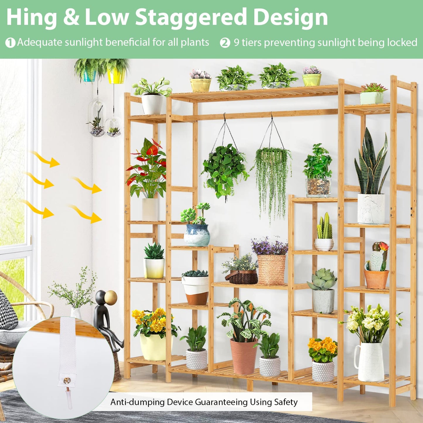 Bamboo Plant Stand, 9-Tier Flower Pots Rack with Hanging Rack, Slatted Shelves & Anti-Toppling Device