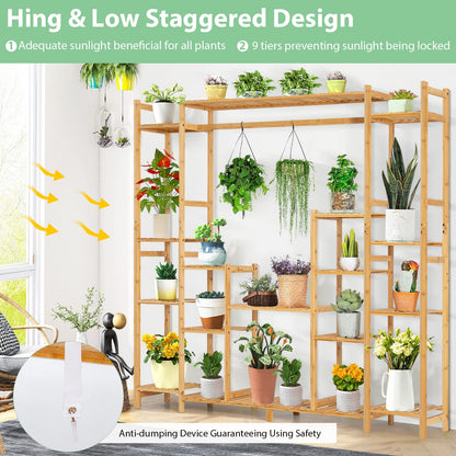 Bamboo Plant Stand, 9-Tier Flower Pots Rack with Hanging Rack, Slatted Shelves & Anti-Toppling Device