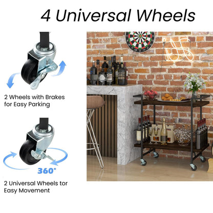 GiantexUK 2-Tier Industrial Serving Trolley, Metal Frame Home Bar Cart with 4 Universal Wheels