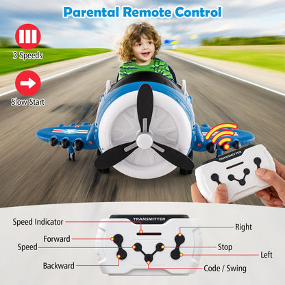 Kids Electric Ride on Car, 12V Battery Powered Airplane Toy with Joysticks, Remote Control, Folding Airfoils