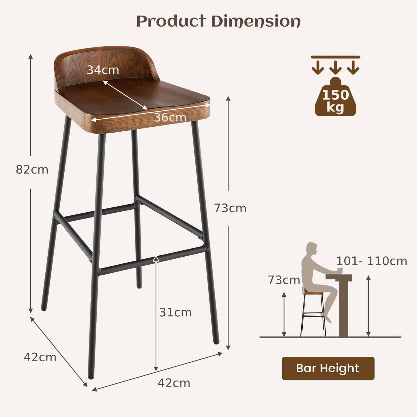 GiantexUK Bar Stools Set of 1/2, 73CM Seat Height Barstools with Low Back, Footrests & Adjustable Foot Pads, 42 x 42 x 82cm