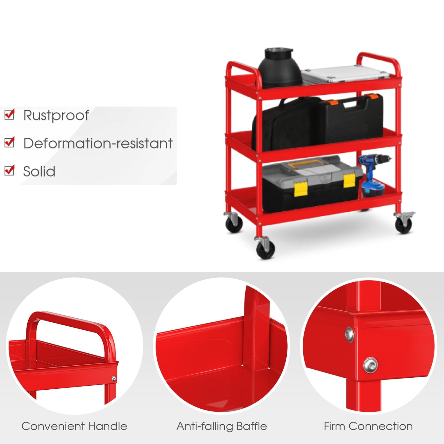 GiantexUK 3-Tier Tool Trolley, Metal Frame Utility Service Cart with 4 Wheels and Handle (3-Tier, 2 U-handles, Red)