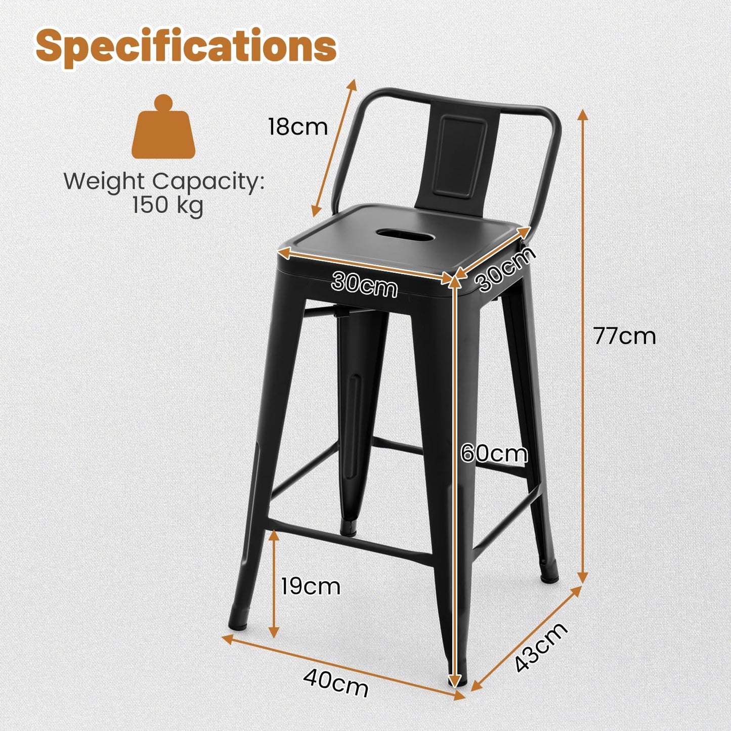 GiantexUK Metal Bar Stools Set of 4, Stackable Kitchen Chairs with Low Backrest, Footrests & Non-Slip Foot Pads, 40 x 43 x 77cm