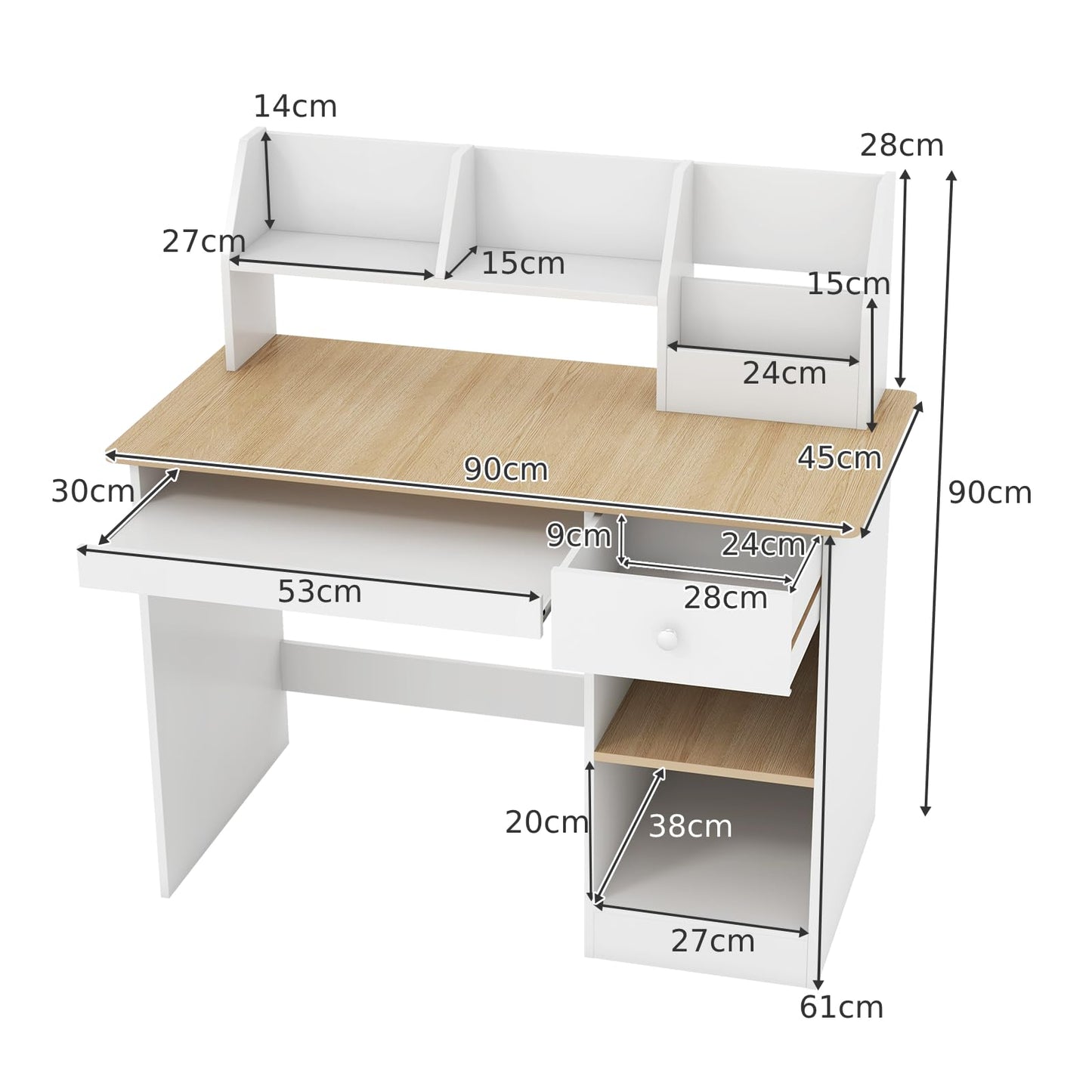 Kids Study Desk, Wooden Children Table with Drawer, Shelves, Hutch, Keyboard Tray