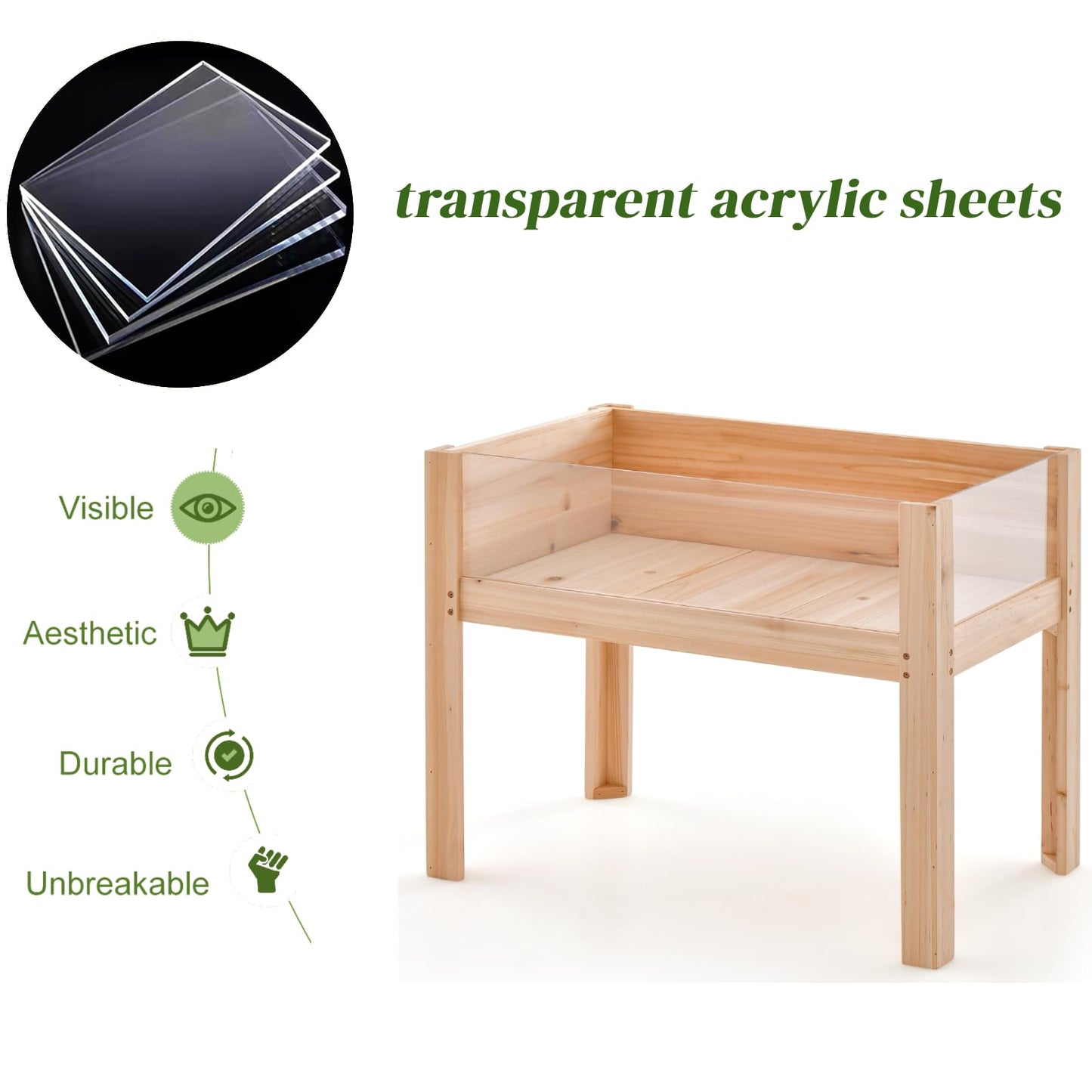 GiantexUK Raised Garden Bed, Wooden Elevated Planter Box with Acrylic Panels Drainage Holes & Movable Boards