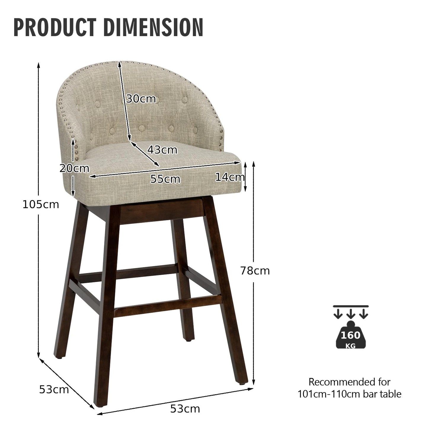 GiantexUK Set of 2 Bar Stools, Upholstered Swivel Kitchen Barstools with Padded Backrest & Rubber Wood Legs