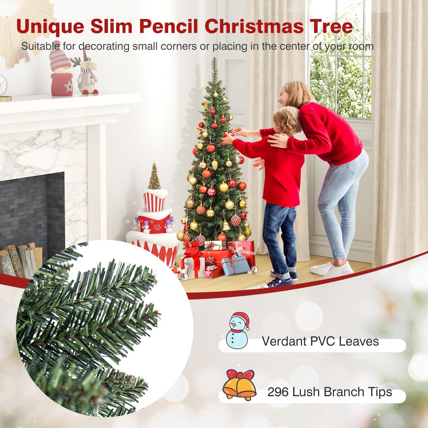 5FT Pre-Lit Artificial Christmas Tree, Slim Pencil Xmas Tree with 296 Branch Tips, 150 Warm-White LED Lights