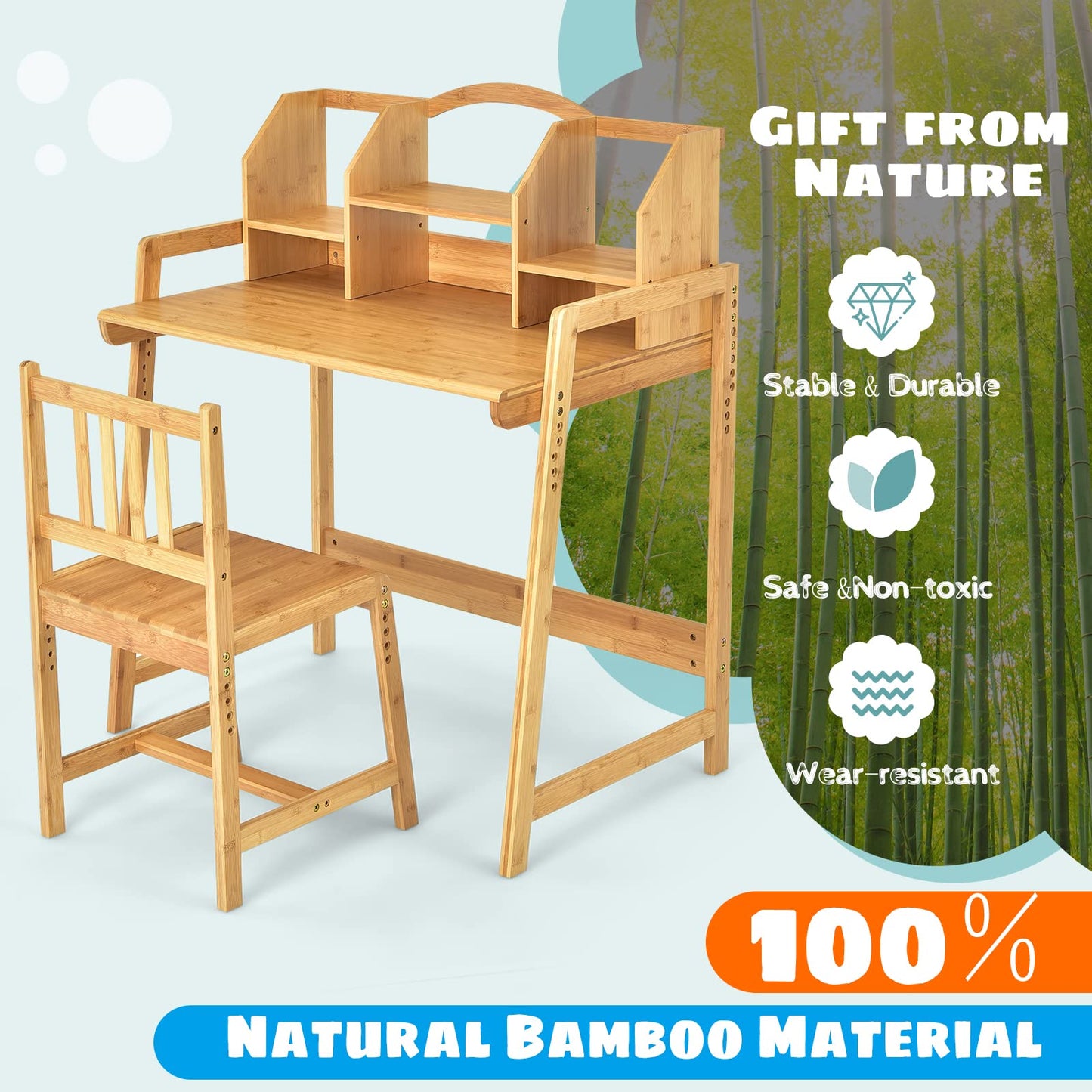 Bamboo Kids Desk and Chair Set, Height Adjustable Children Study Table and Chair with Bookshelves