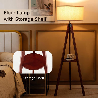 GiantexUK Tripod Floor Lamp with Shelf, Rubber Wood Frame Standing Corner Lamp with Linen Fabric Lampshade