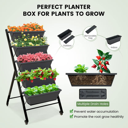 GiantexUK Raised Garden Bed, 5 Tier Vertical Ladder Planter with 5 Removable Trays, Wheels & Drain Holes (with Wheels, Black, 57 x 68 x 117cm)