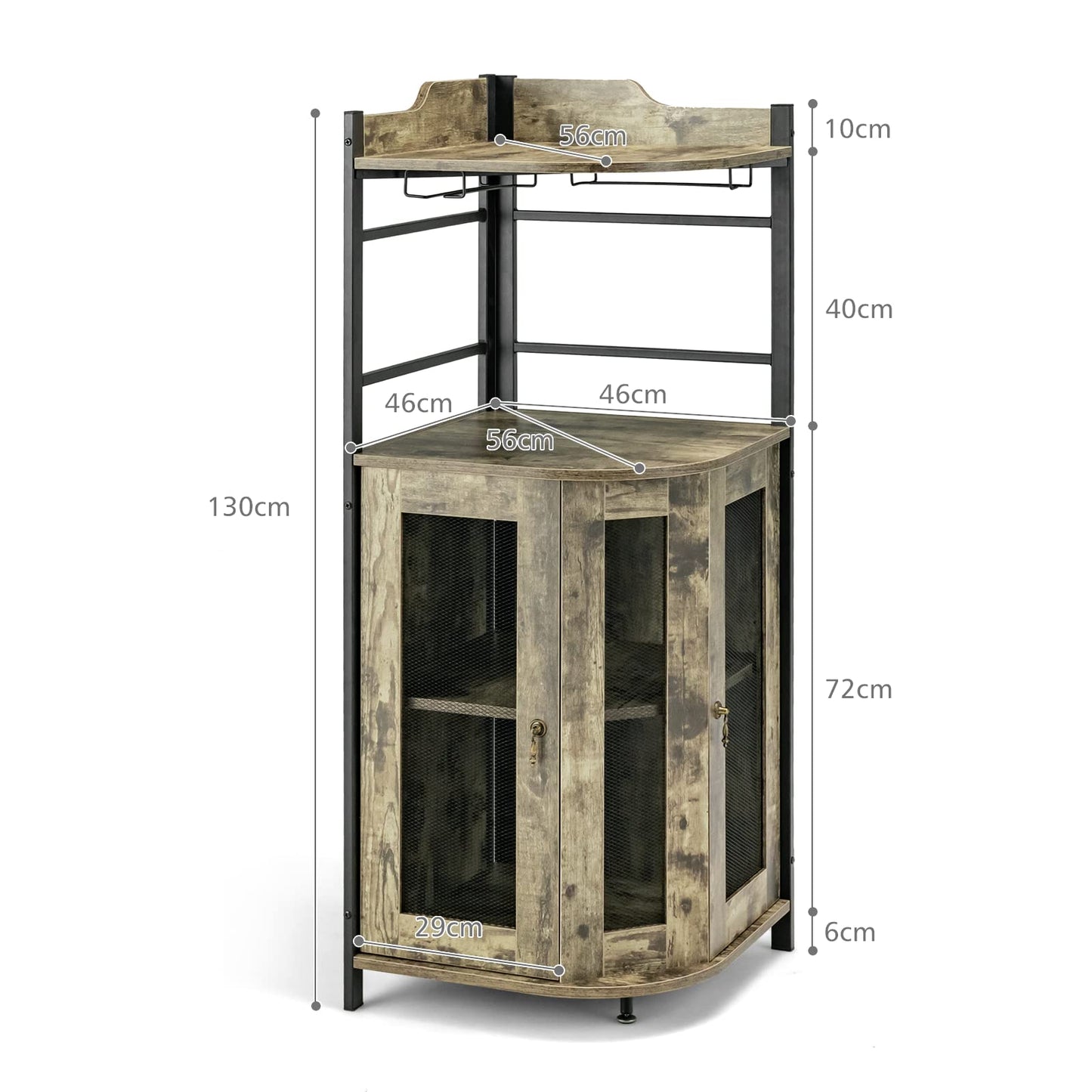 GiantexUK Corner Bar Cabinet, Industrial Wine Cabinet with Glass Holders, Adjustable Shelf & Mesh Doors