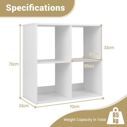 4 Cube Bookcase, Wooden Bookshelf Open Display Shelving Unit with Anti-Tipping Device (White, 70 x 33 x 70cm)