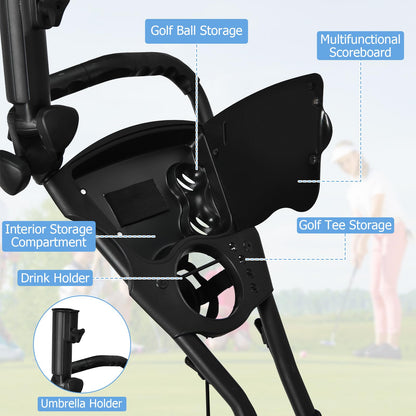 3 Wheel Golf Push Pull Cart, Lightweight Foldable Golf Trolley with Adjustable Height Handle