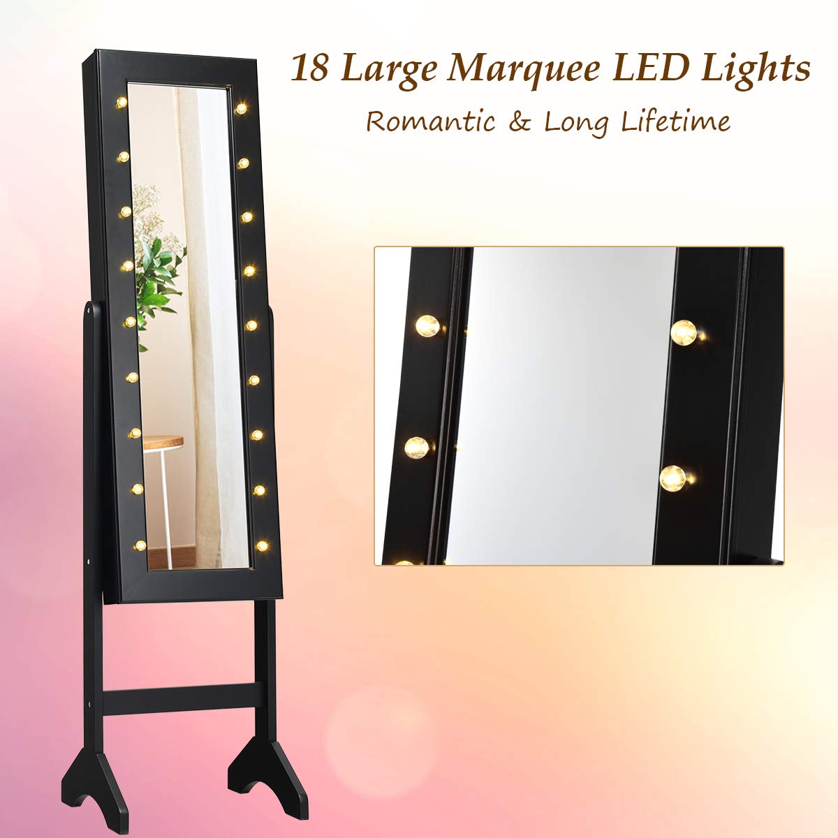 Jewellery Cabinet, LED Light Jewellery Standing Mirror Lockable Armoire