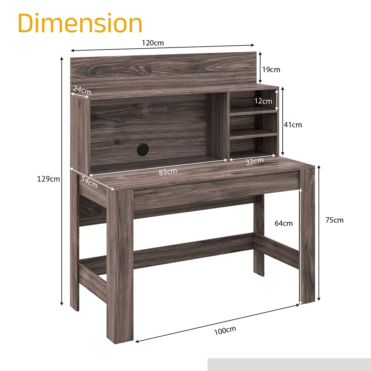 Computer Desk with Storage Bookshelf, Wooden Study Table Writing Workstation with Anti-Tipping Kits & Cable Management Hole