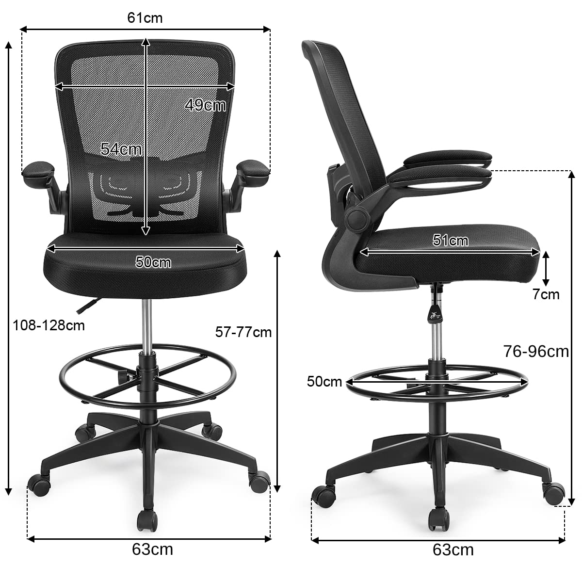 Mesh Drafting Chair, Height Adjustable Swivel Office Chair with Flip-up Armrests, Footrest and Lumbar Support